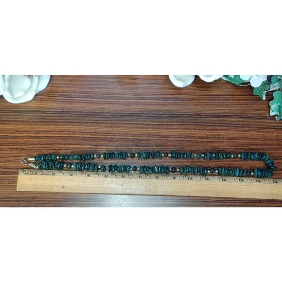 Vintage Polished Malachite Green Necklace Long Goldtoned Beads Stunning Unique - Picture 6 of 13